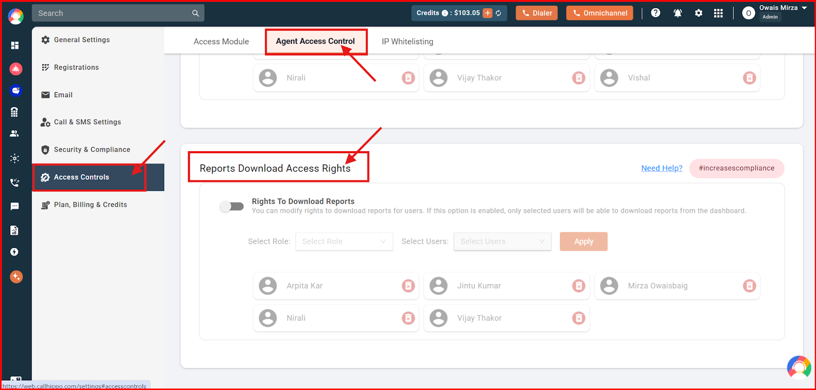 Access Controls Agent Access Control tab with Reports Download Access Rights section