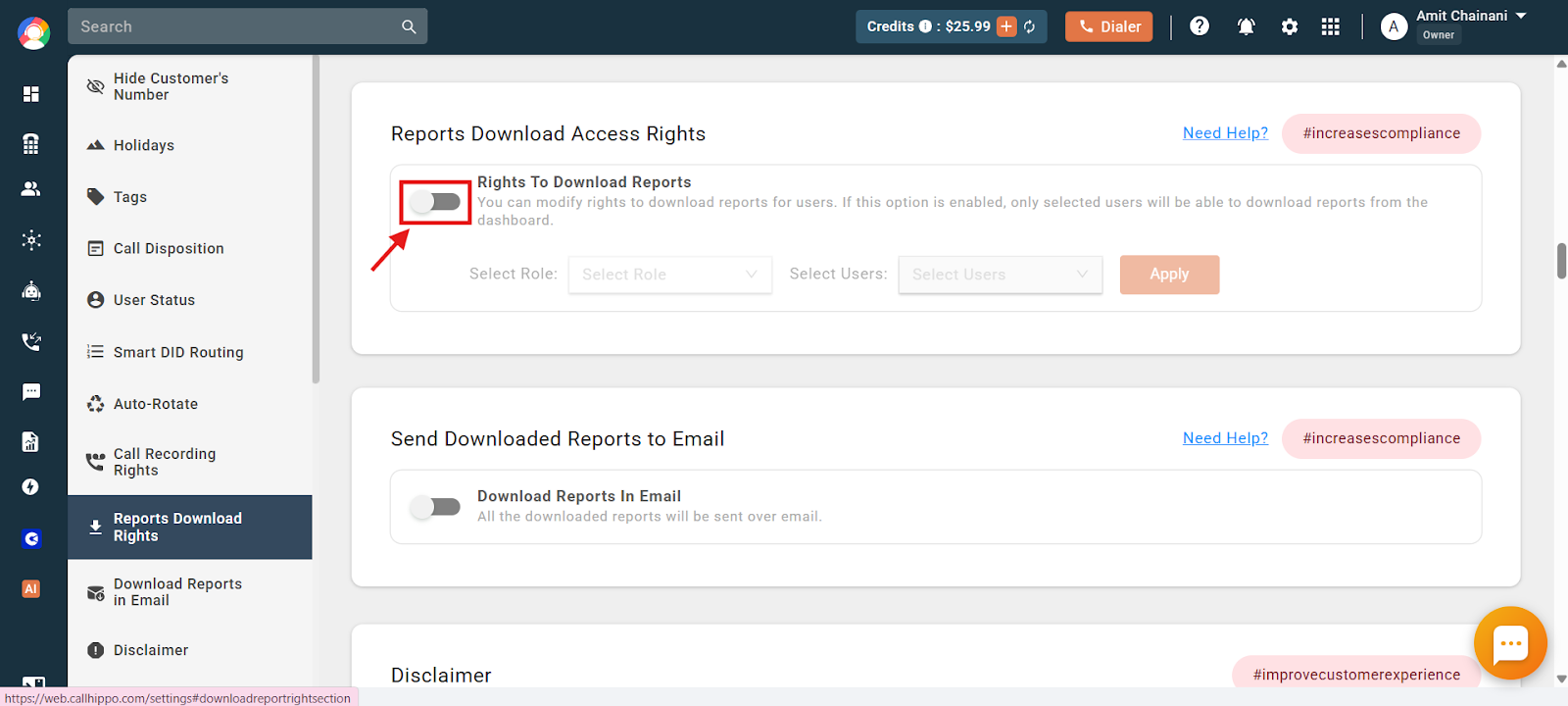 Reports Download Rights page with the Rights To Download Reports toggle highlighted