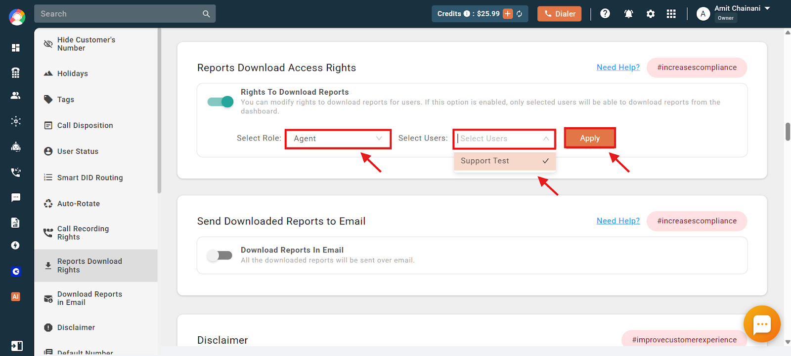Reports Download Rights with Select Role, Select Users and Apply button highlighted