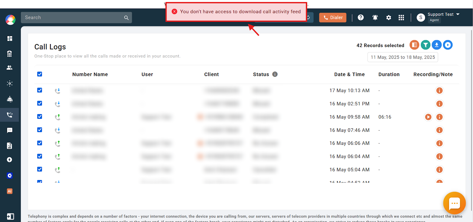 Error message shown when a user without rights tries to download the call activity feed
