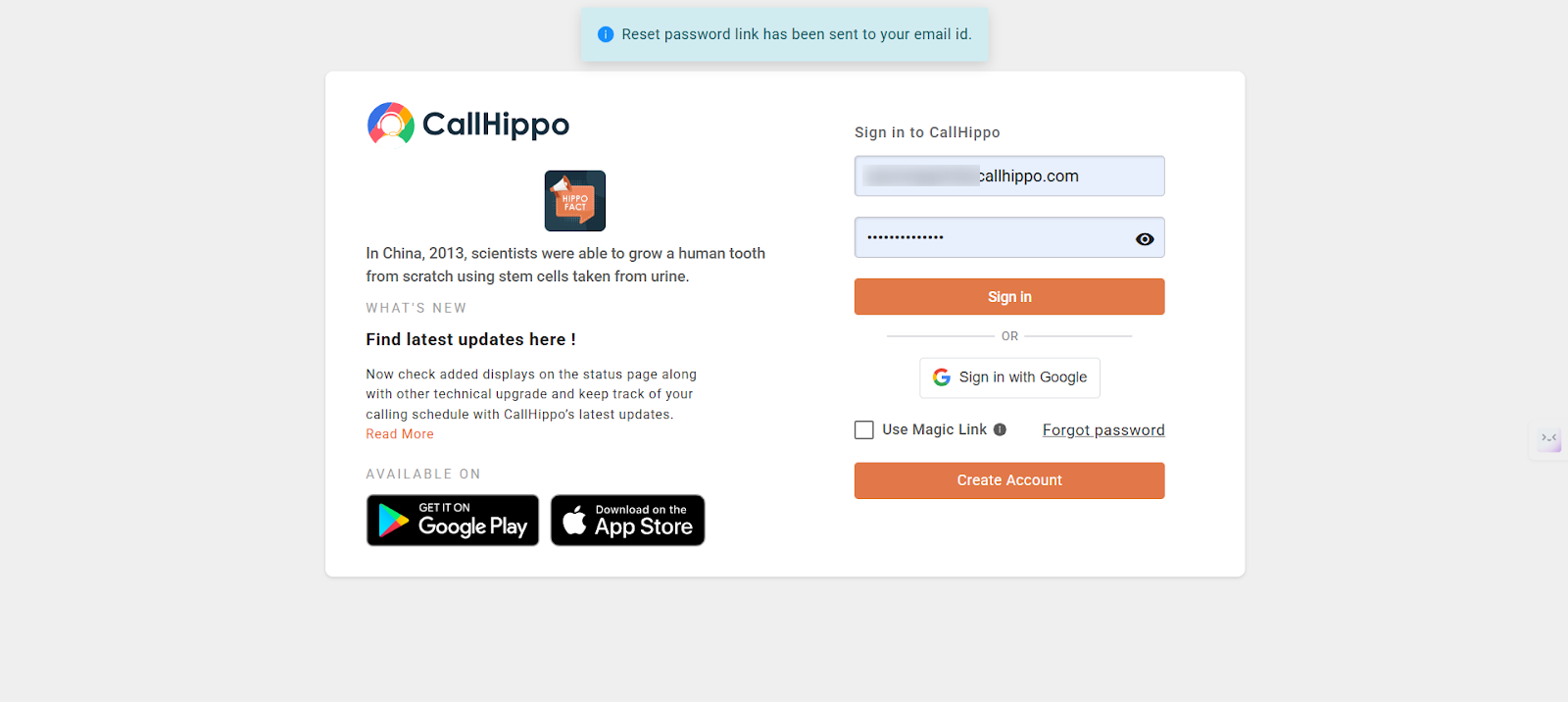 CallHippo confirmation that the reset password link has been sent to your email