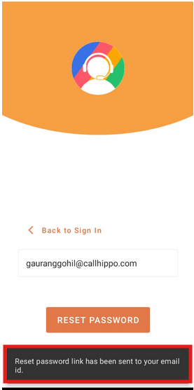 CallHippo mobile app confirmation that the reset password link has been sent to your email