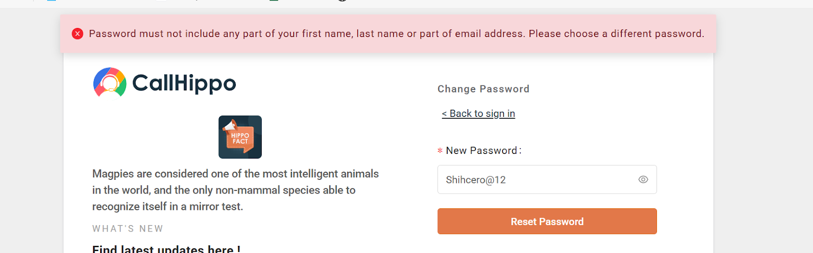 CallHippo error message stating the password must not include any part of your first name, last name, or email address