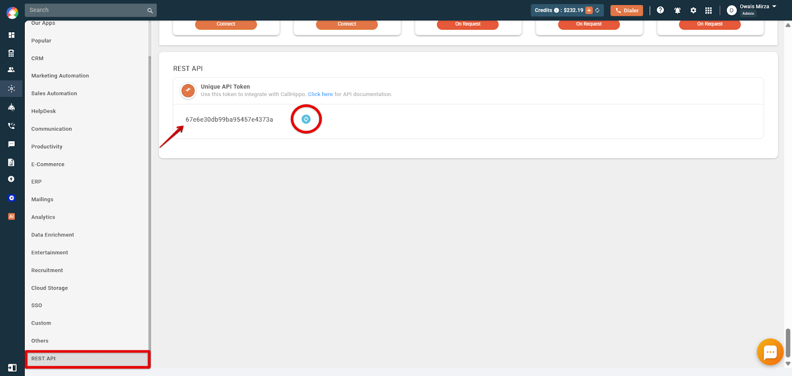REST API tab in CallHippo showing the Unique API Token and the regenerate icon