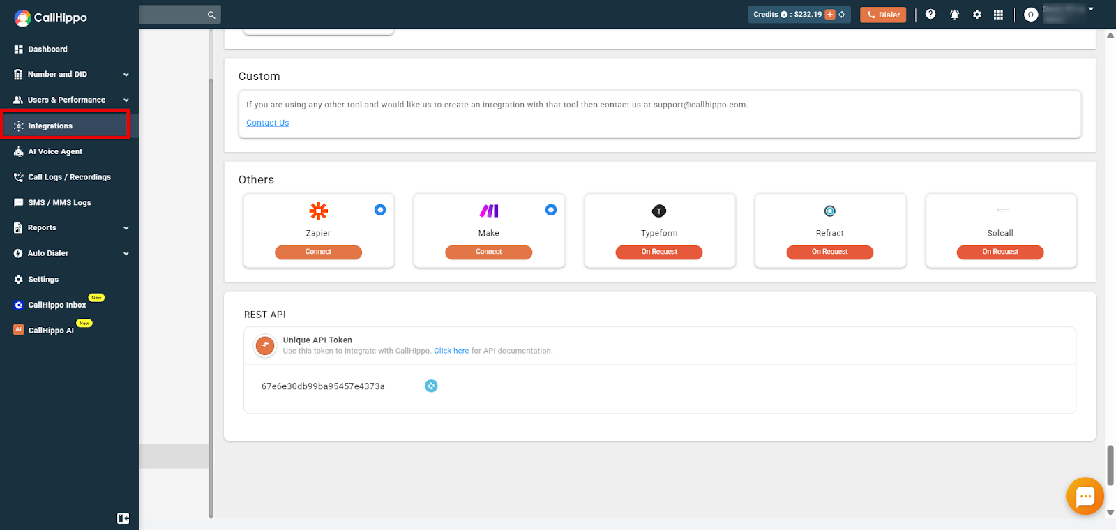 CallHippo dashboard with the Integrations menu highlighted and the REST API section shown