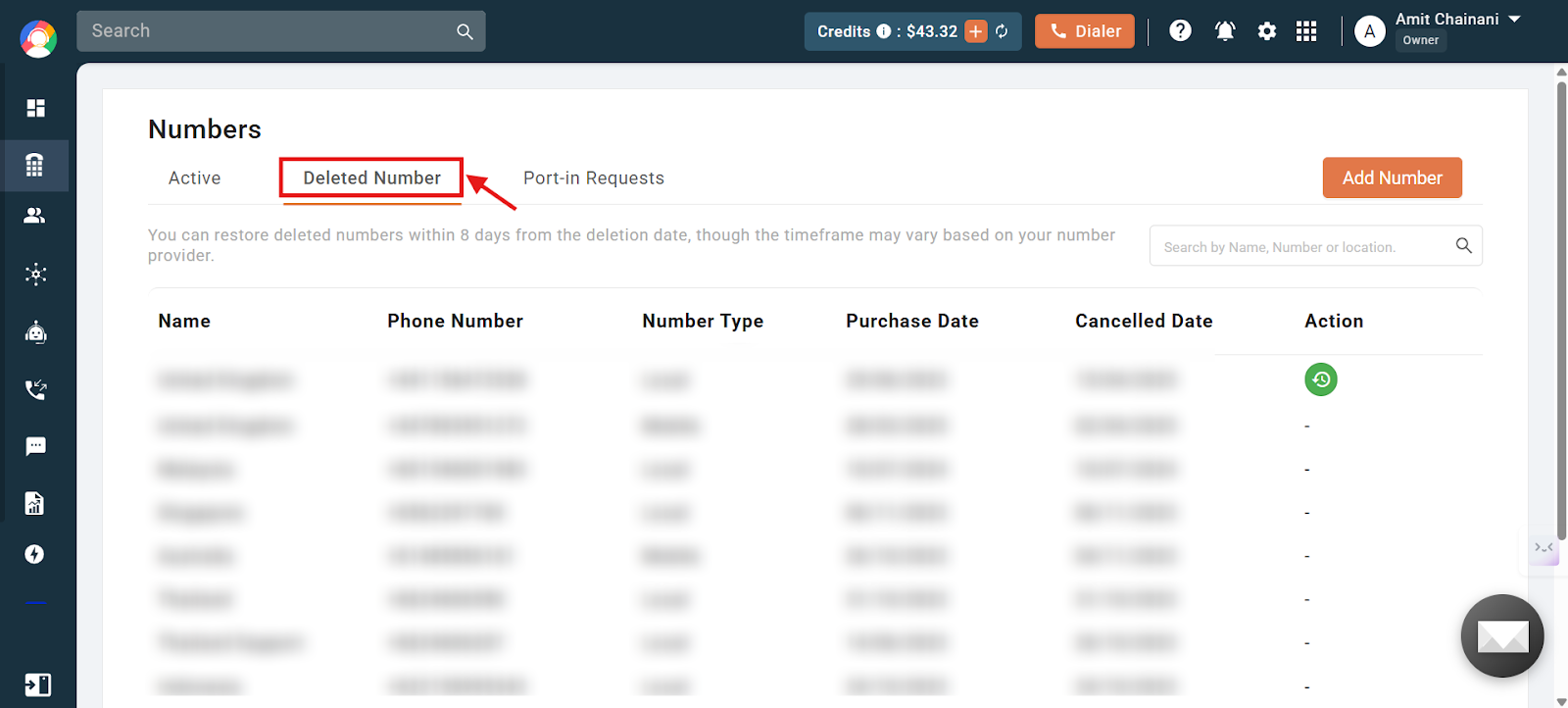 Numbers page with the Deleted Number tab highlighted showing restorable numbers