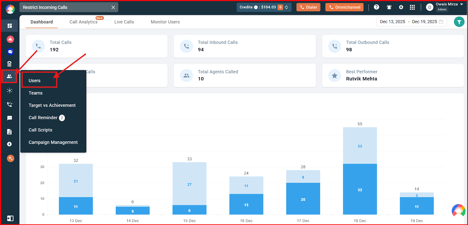 CallHippo dashboard with the Users and Performance sidebar menu expanded and the Users option highlighted