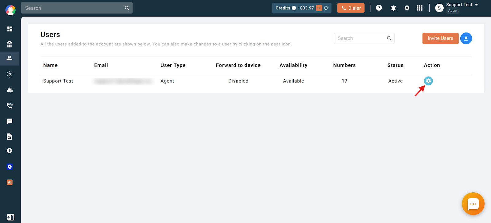 CallHippo Users page with an arrow pointing to the settings gear icon in the Action column for a user