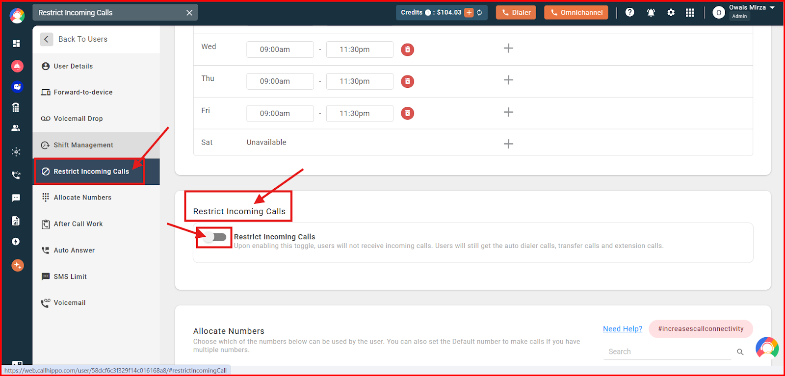 CallHippo user settings showing the Restrict Incoming Calls tab and the toggle in the disabled position