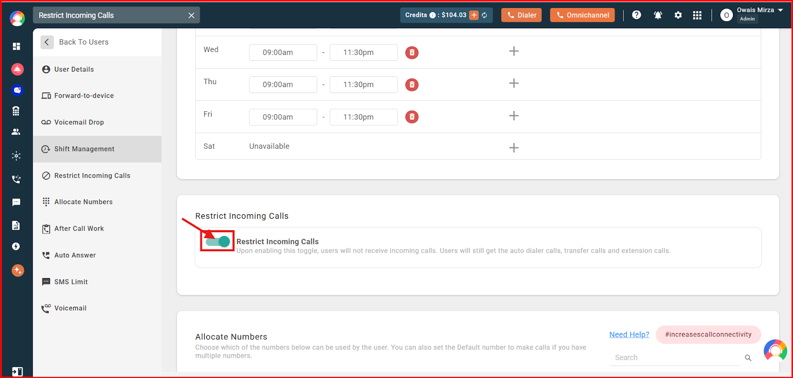 CallHippo Restrict Incoming Calls toggle switched on in green to block incoming calls for the user