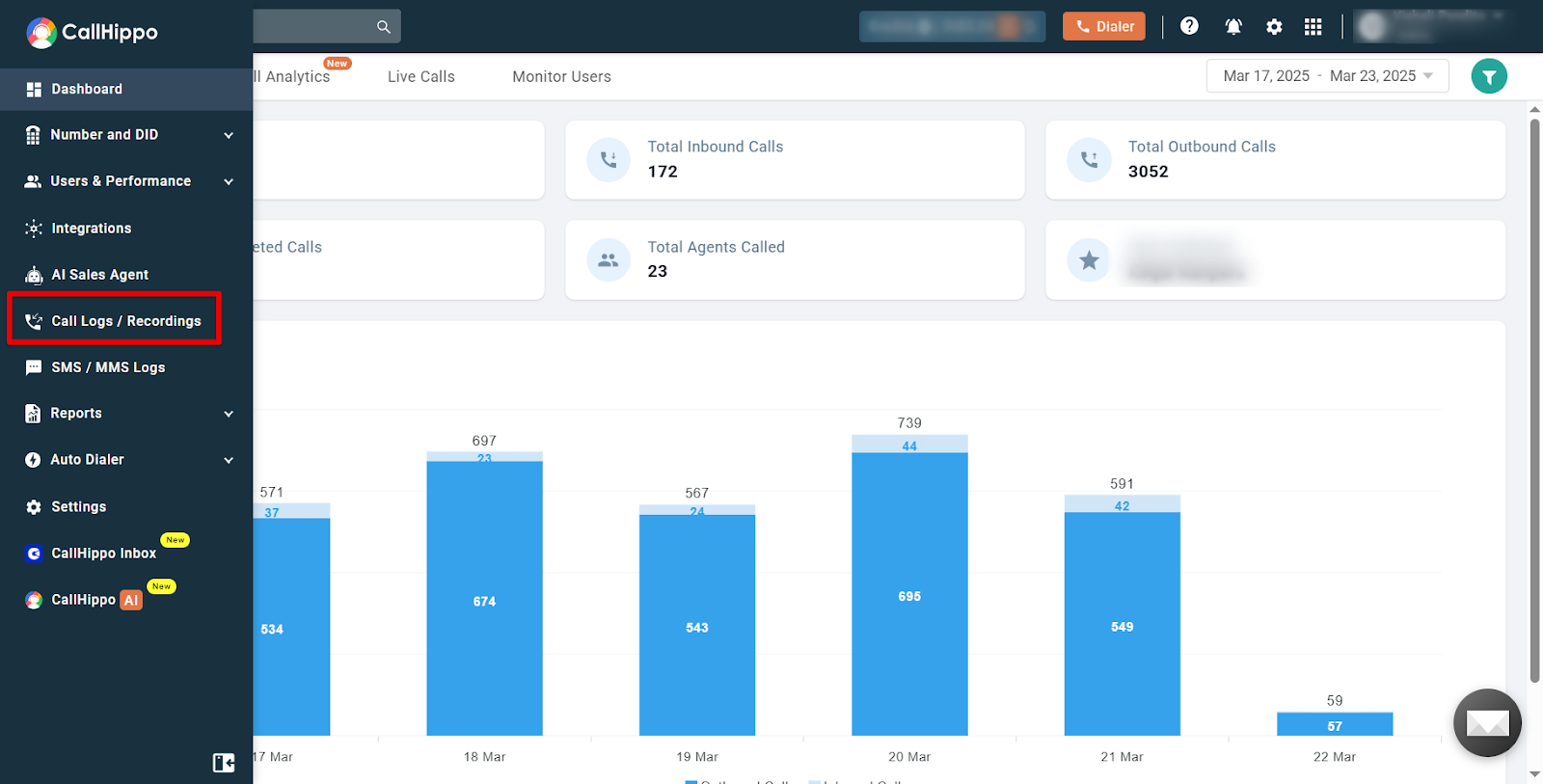 CallHippo dashboard with Call Logs / Recordings highlighted in the left menu