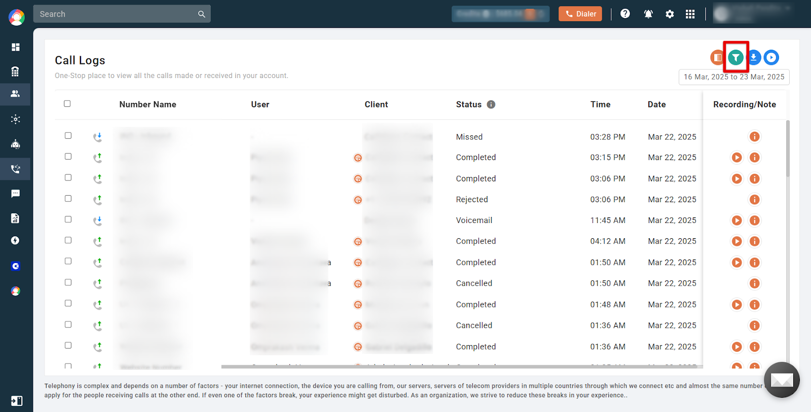 Call Logs table with the filter icon highlighted in CallHippo