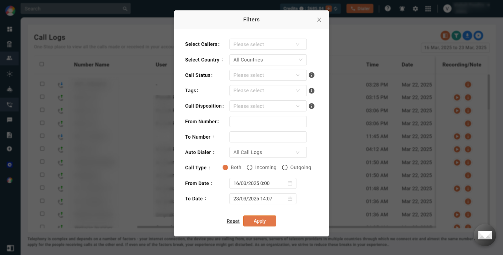 Call Logs Filters dialog with date, call type, and status options in CallHippo