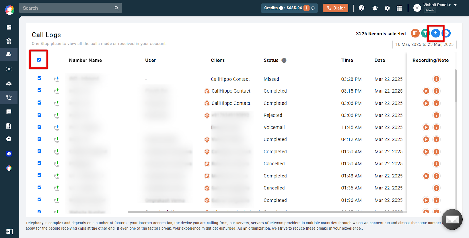 Call Logs with the select-all checkbox and download icon highlighted in CallHippo