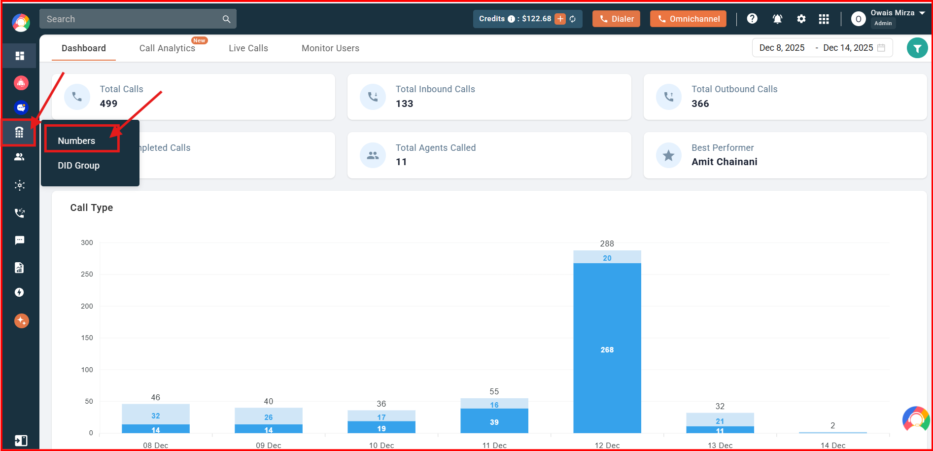 CallHippo dashboard with the Numbers option highlighted in the left sidebar menu