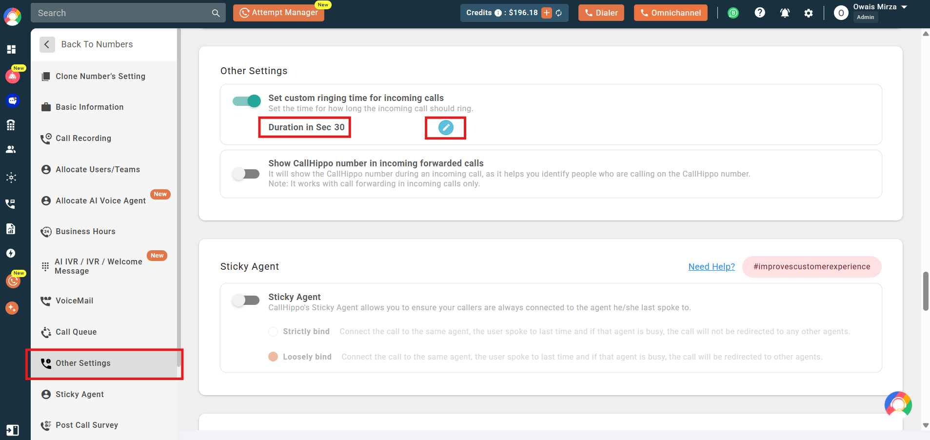 Other Settings showing the Set custom ringing time toggle enabled with the edit button highlighted