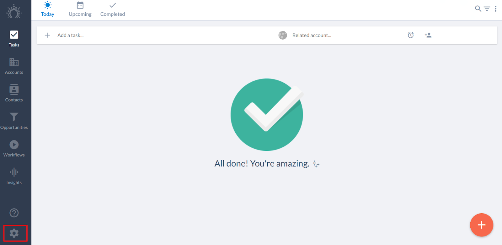 Salesflare Tasks page with the Settings gear icon highlighted in the sidebar