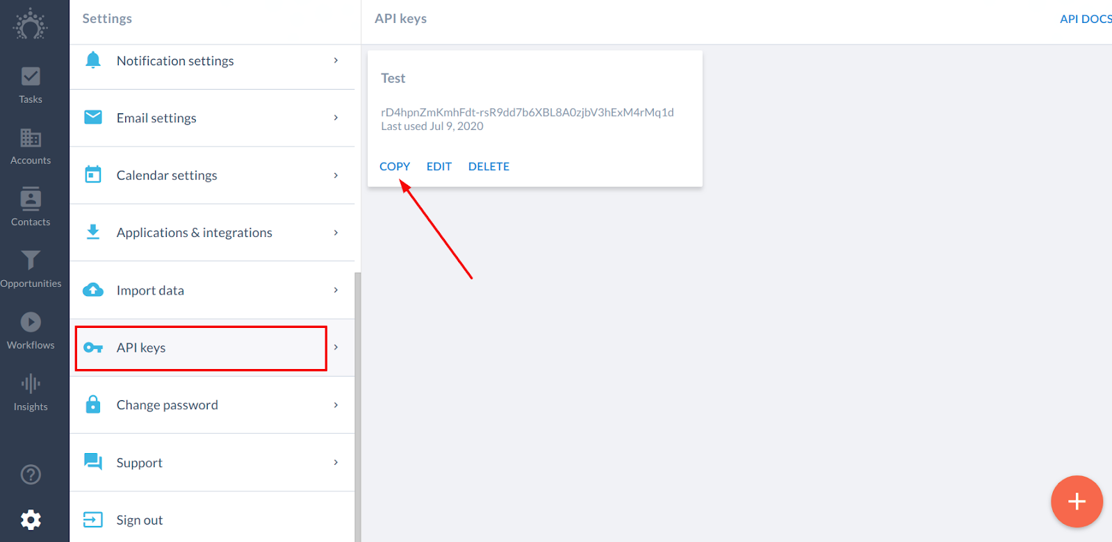 Salesflare Settings API keys page with a key and the Copy option highlighted