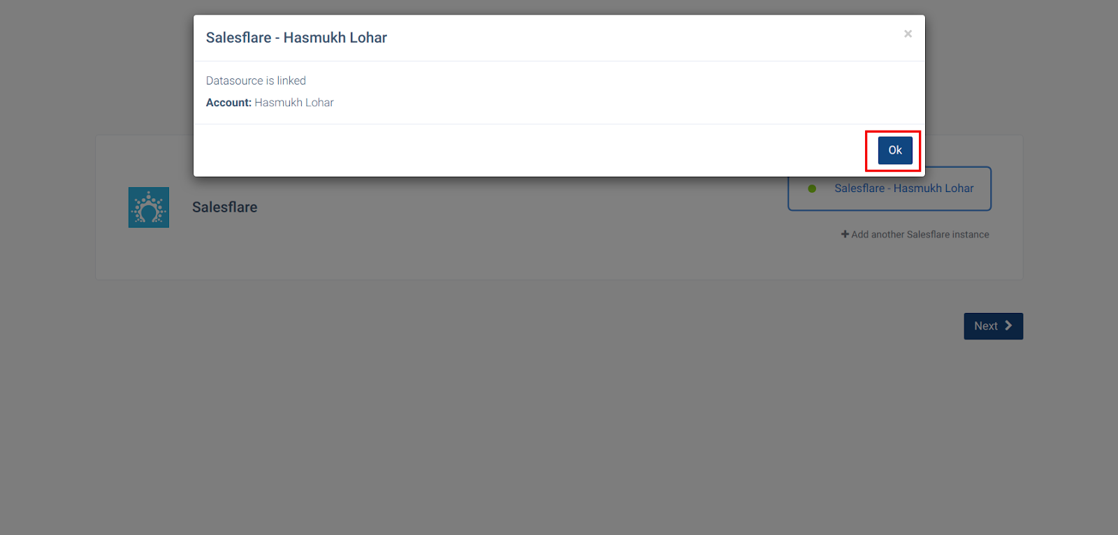 CallHippo showing a Datasource is linked confirmation for Salesflare