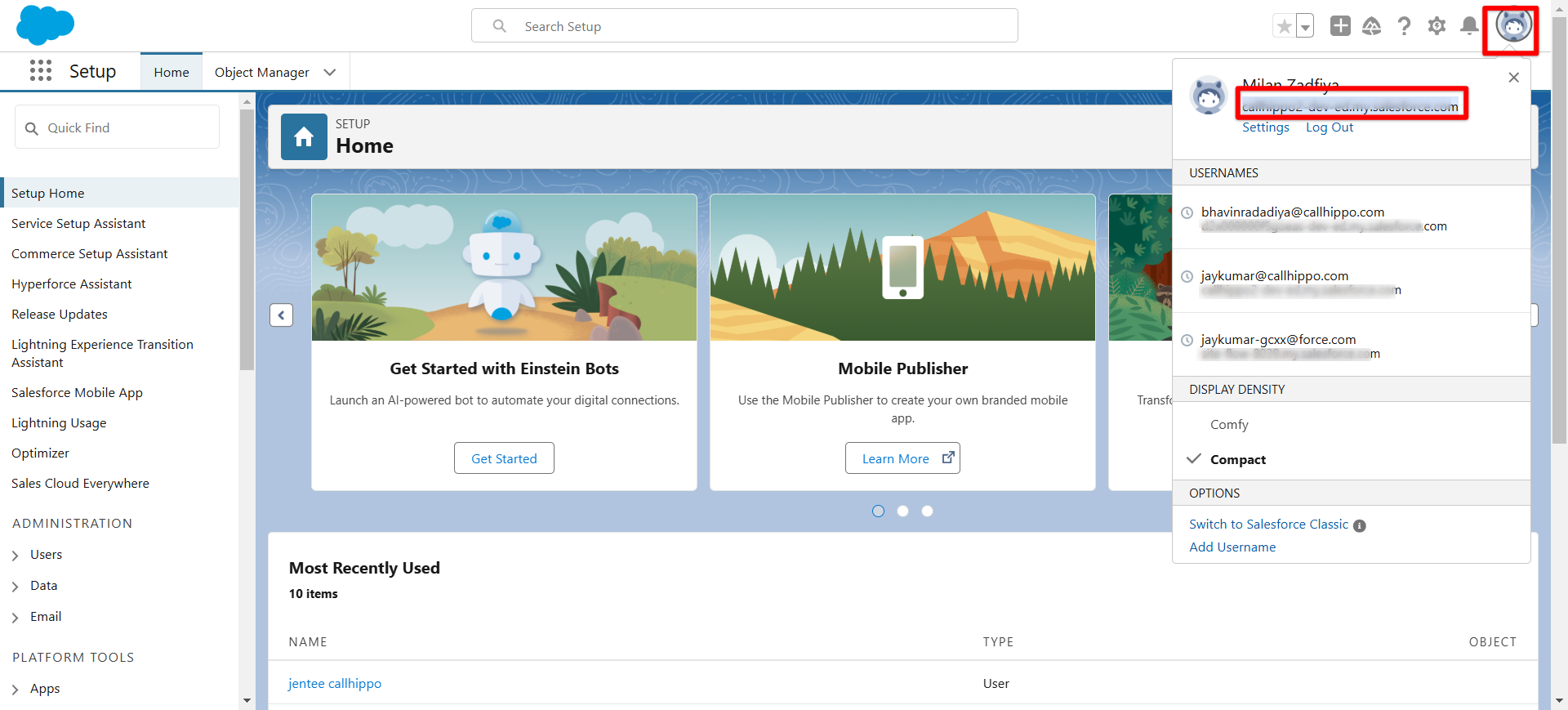 Salesforce Setup with the profile menu open showing the domain to copy