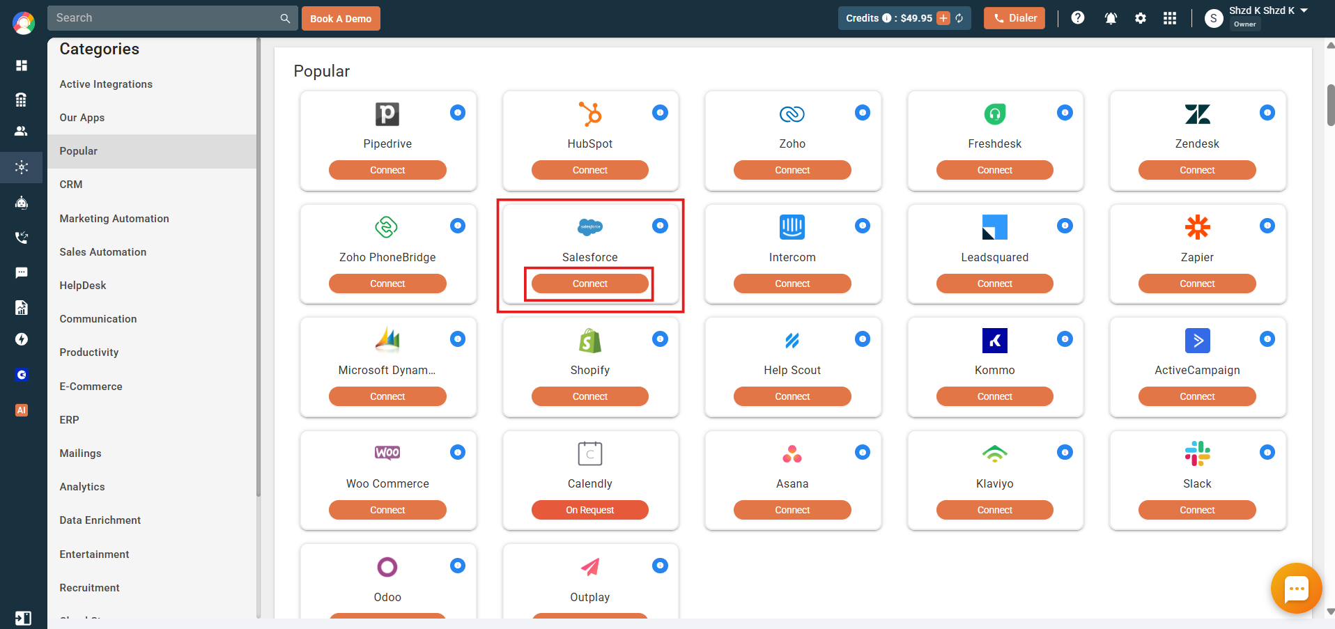 CallHippo integrations Popular tab with the Salesforce Connect button highlighted
