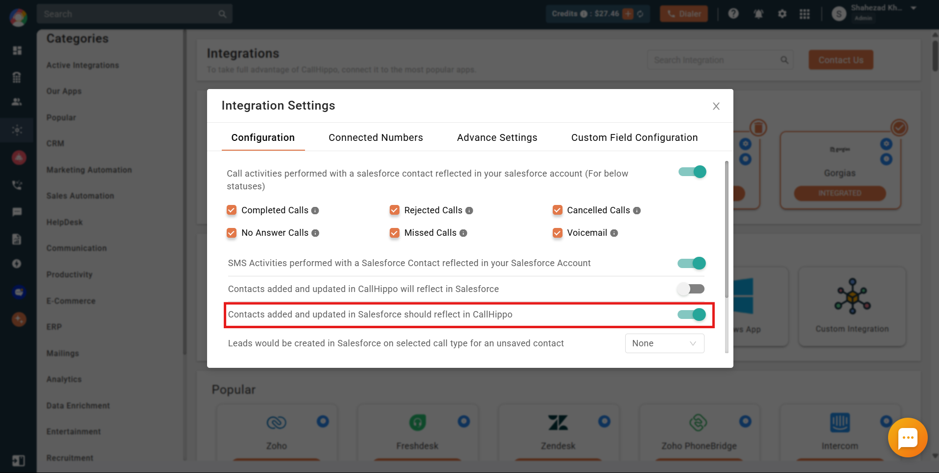 CallHippo configuration toggle for contacts added in Salesforce reflecting in CallHippo