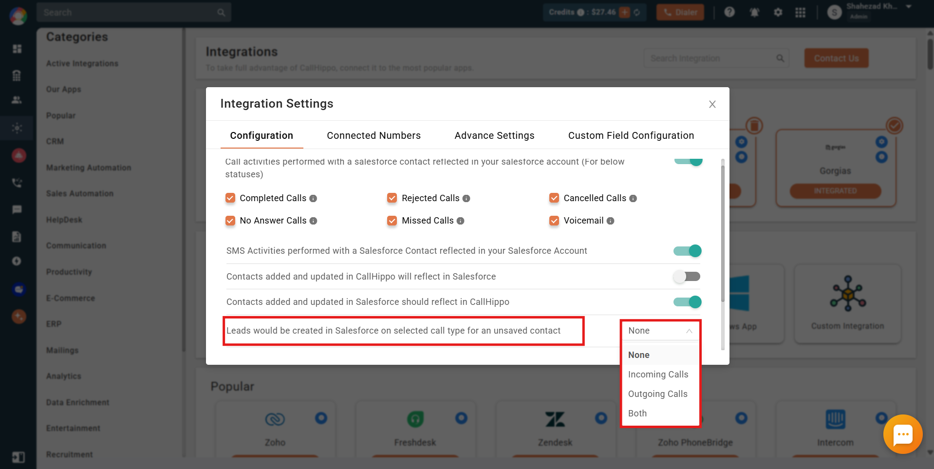 CallHippo dropdown to create Salesforce leads on incoming, outgoing or both call types