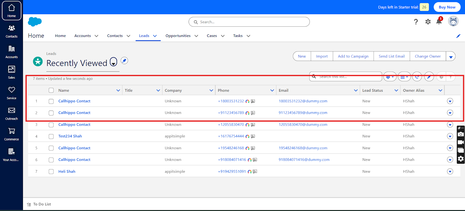 Salesforce Leads list showing leads automatically created from CallHippo calls