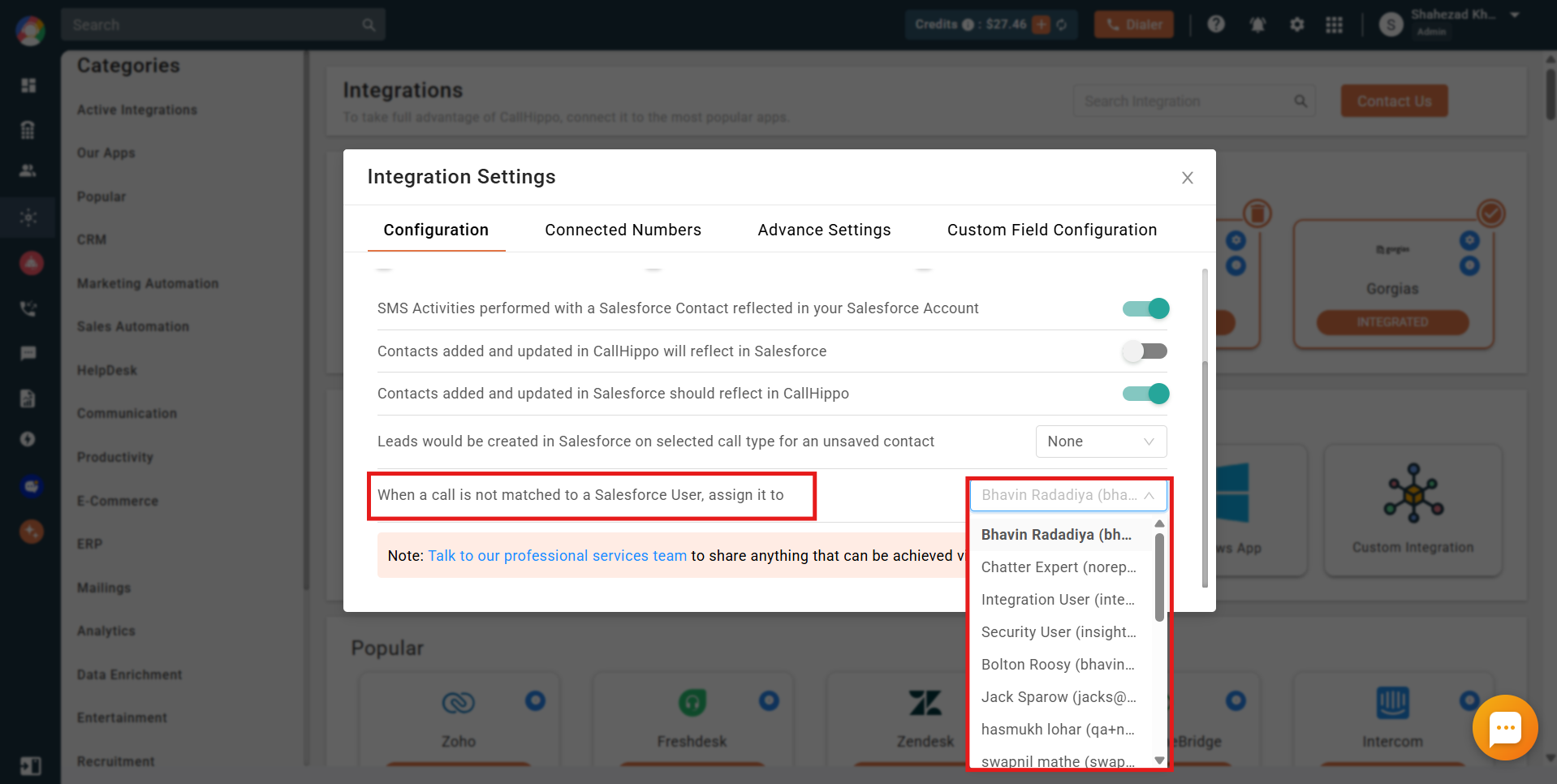 CallHippo dropdown to assign calls not matched to a Salesforce user to a default user