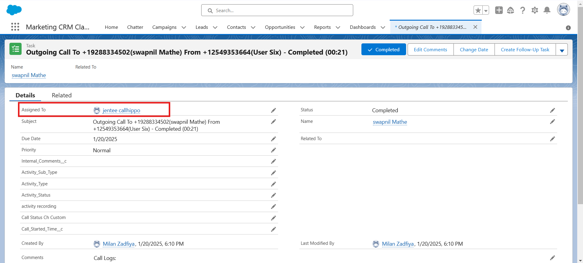 Salesforce call task showing the Assigned To field for the default user