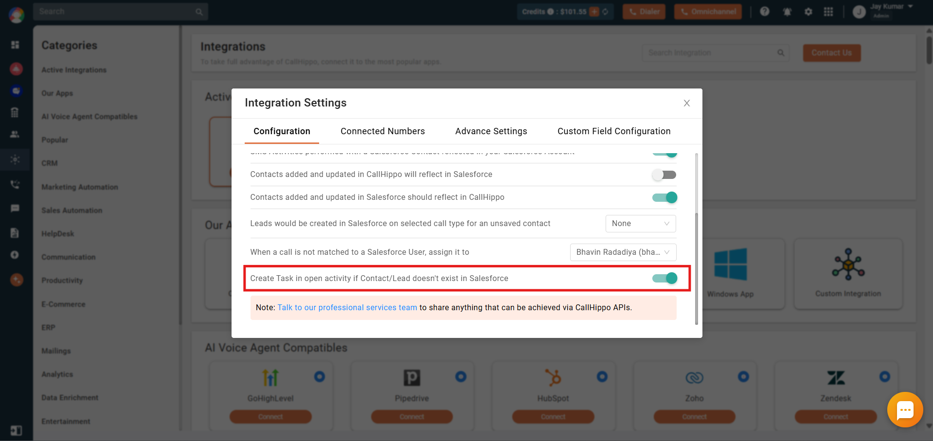 CallHippo toggle to create a task in open activity if the contact or lead does not exist in Salesforce