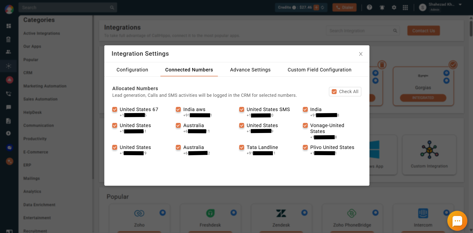 CallHippo Salesforce Connected Numbers tab listing allocated numbers to sync