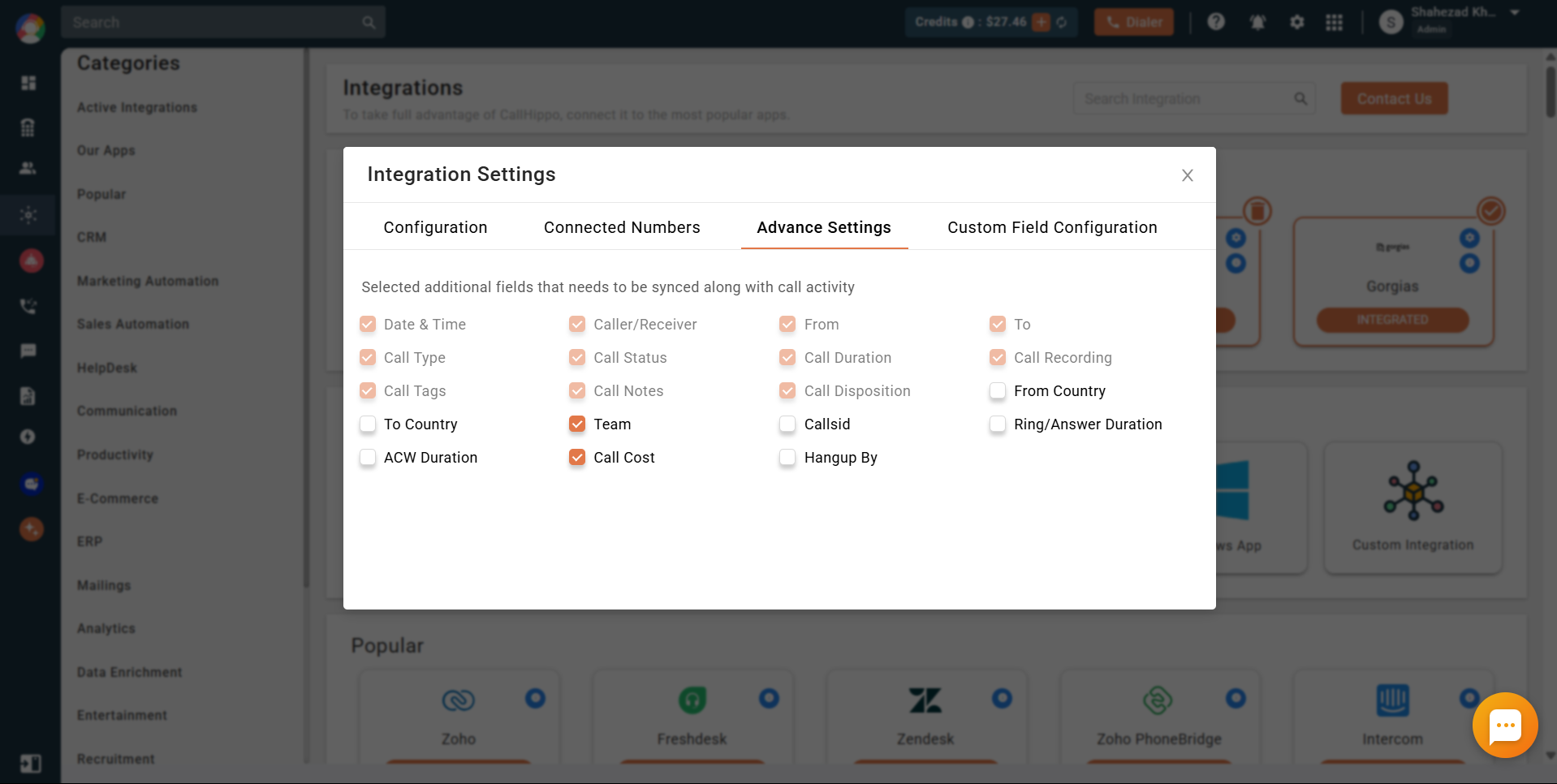 CallHippo Salesforce Advance Settings tab selecting additional fields to sync with call activity