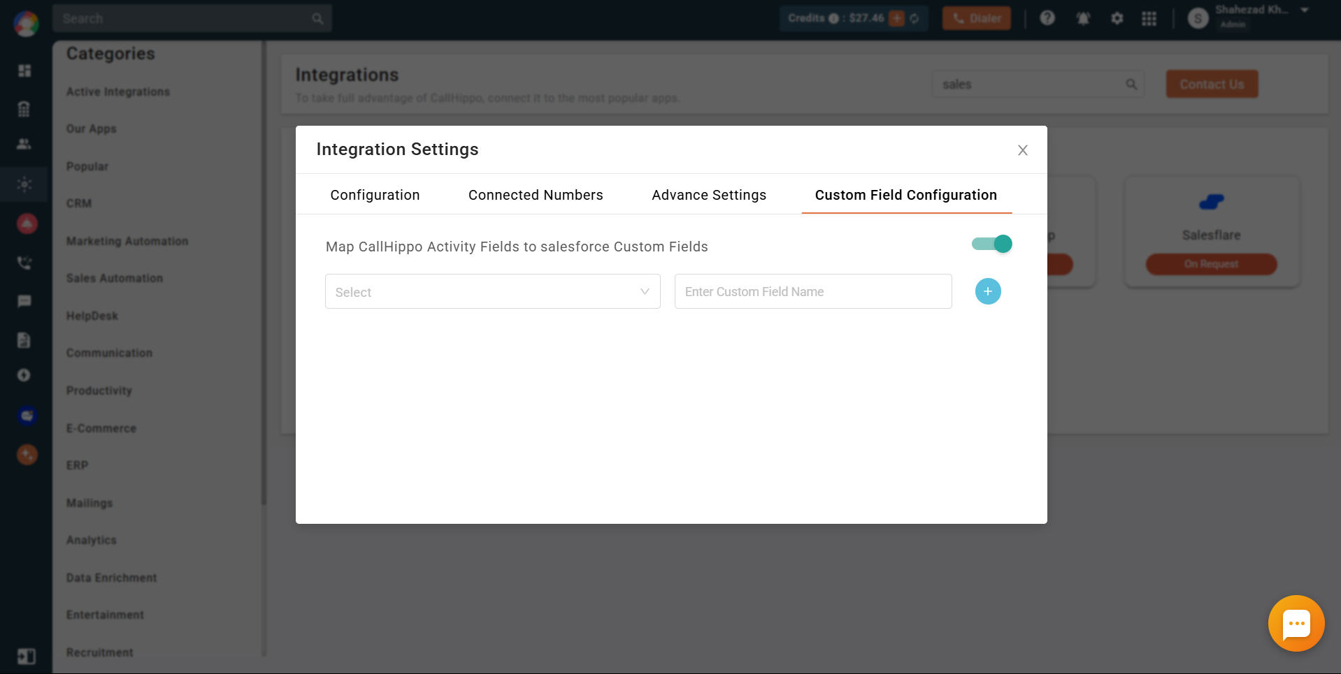 CallHippo Salesforce Custom Field Configuration tab with the mapping toggle enabled