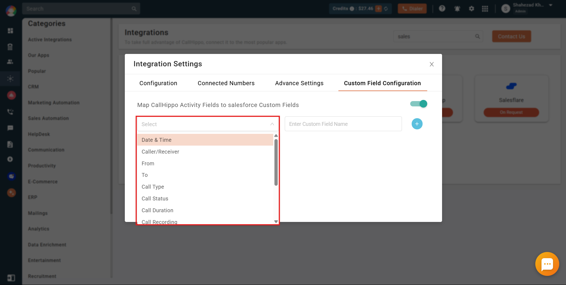 CallHippo dropdown to select a call activity field to map to a Salesforce custom field