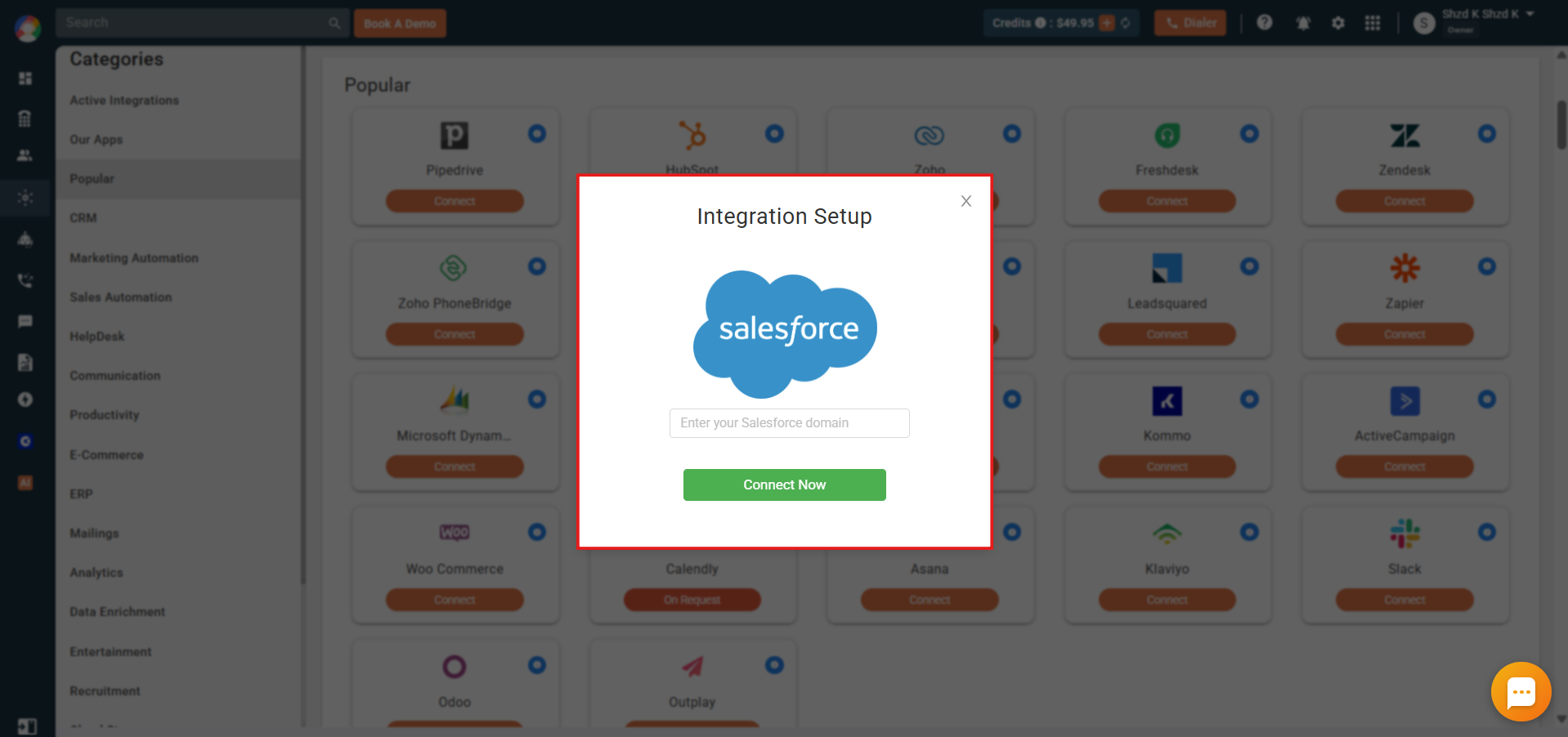CallHippo Salesforce integration setup popup to enter your Salesforce domain