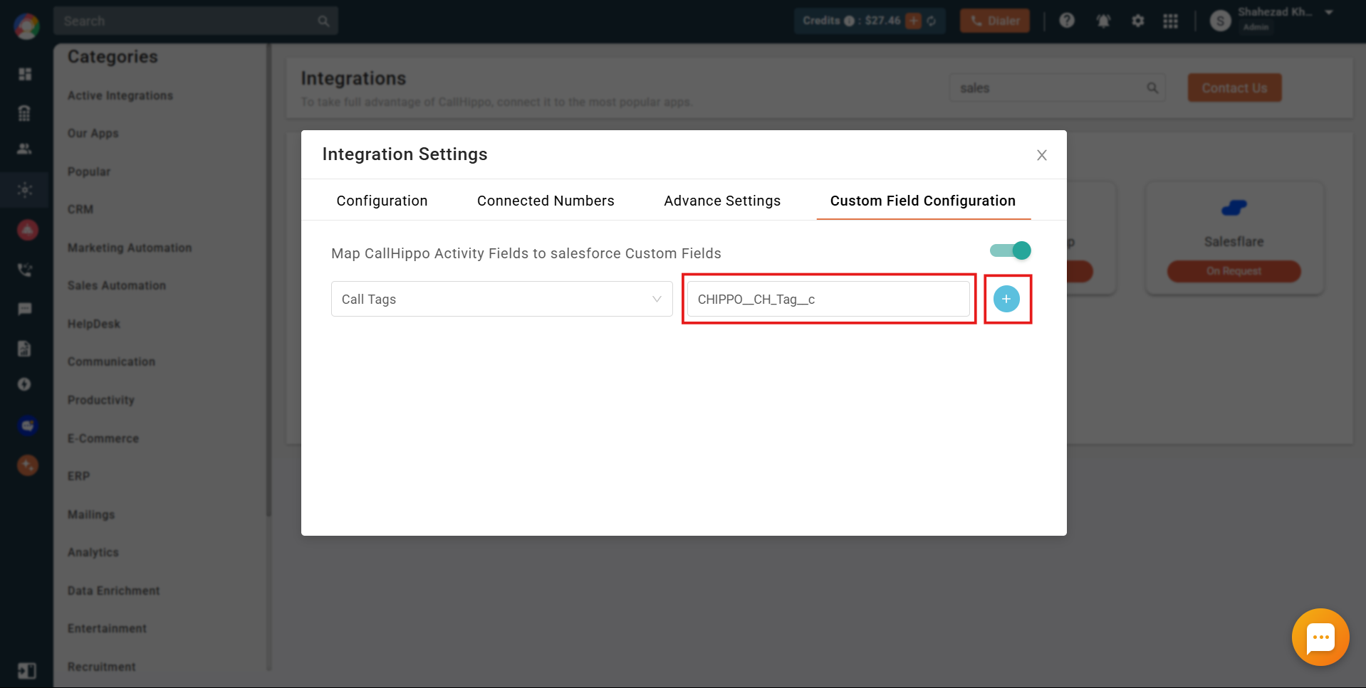 CallHippo custom field mapping entering the Salesforce API name and clicking add