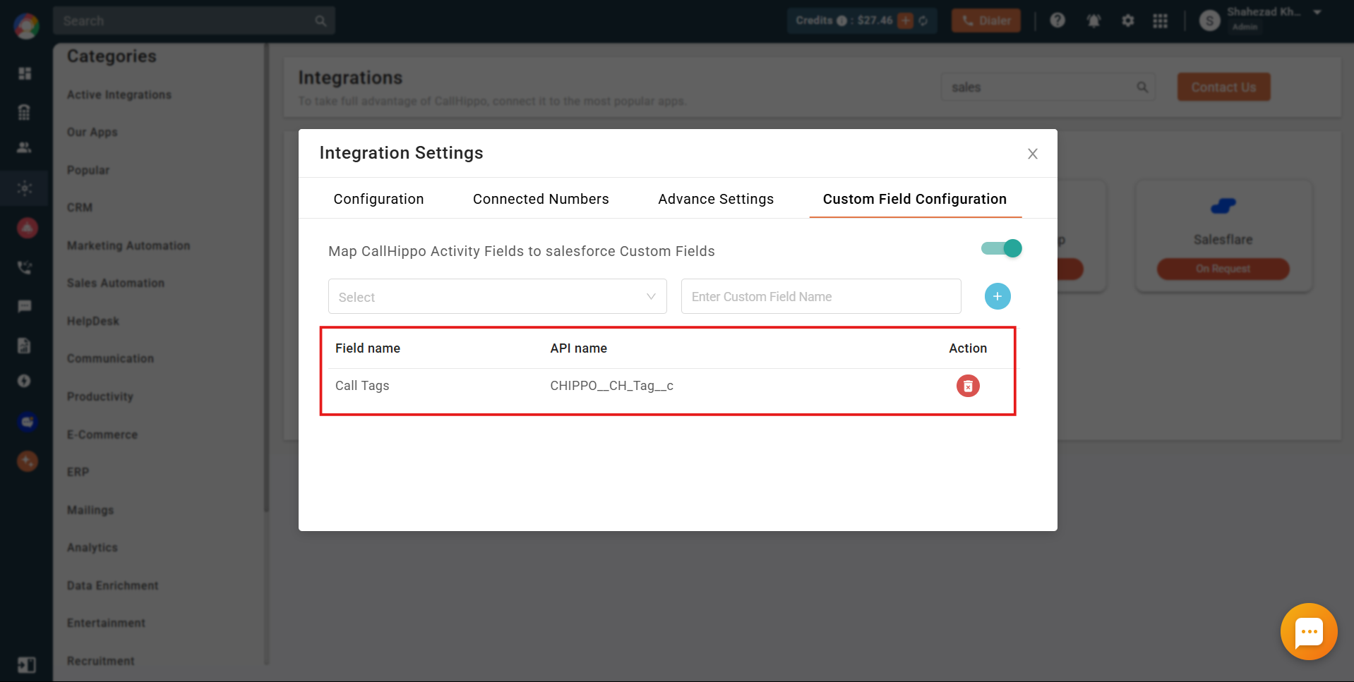 CallHippo saved custom field mapping showing field name and Salesforce API name