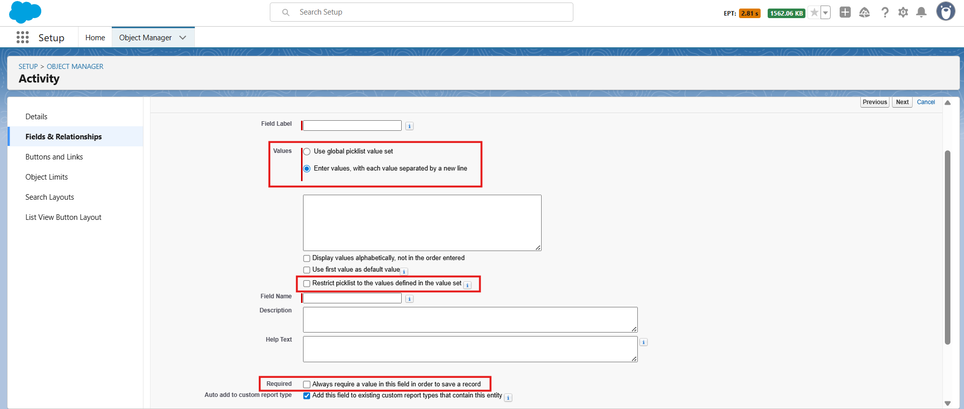 Salesforce custom picklist field creation with restrict and required checkboxes unchecked