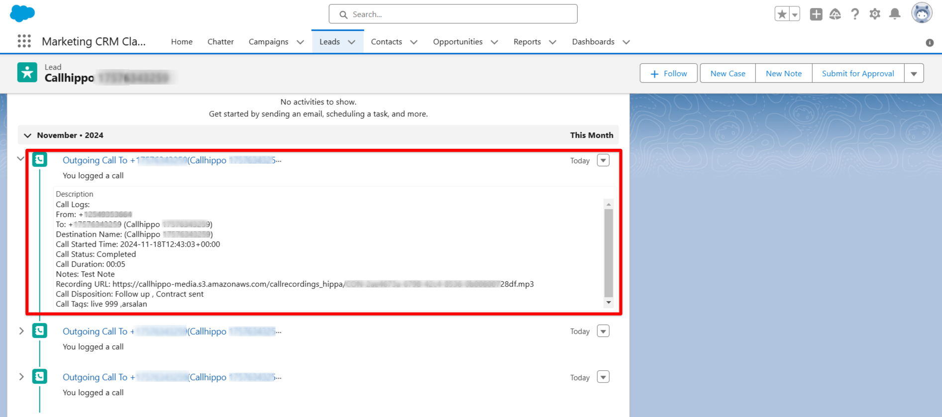 Salesforce lead activity showing a CallHippo call logged with disposition and call tags