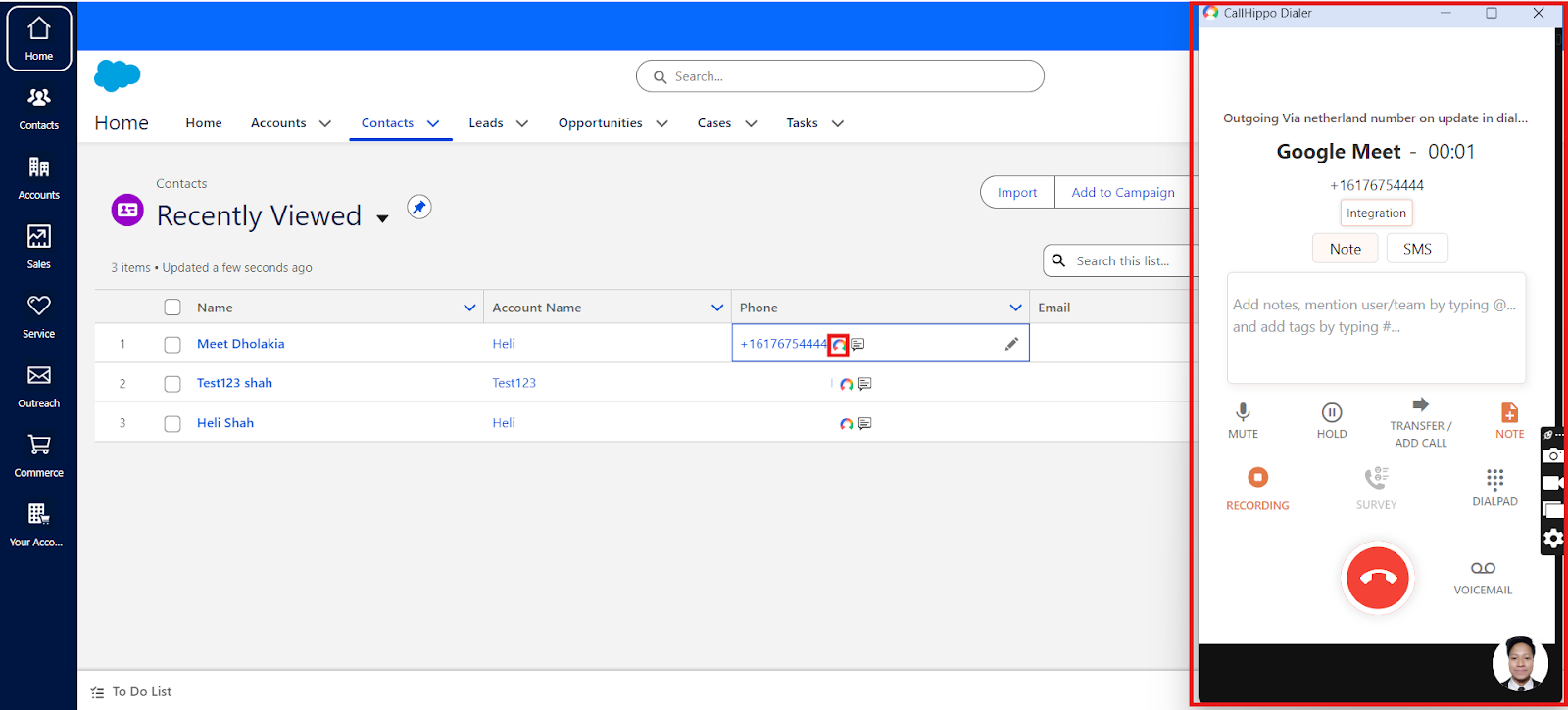 Salesforce contact with CallHippo click-to-call icon and the CallHippo dialer open on a call