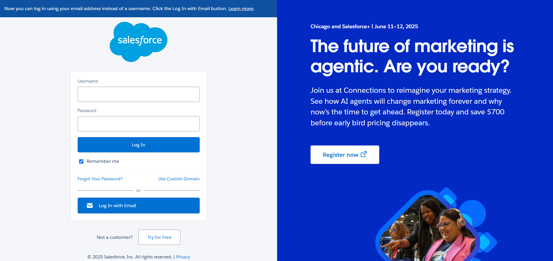 Salesforce login page prompting for username and password