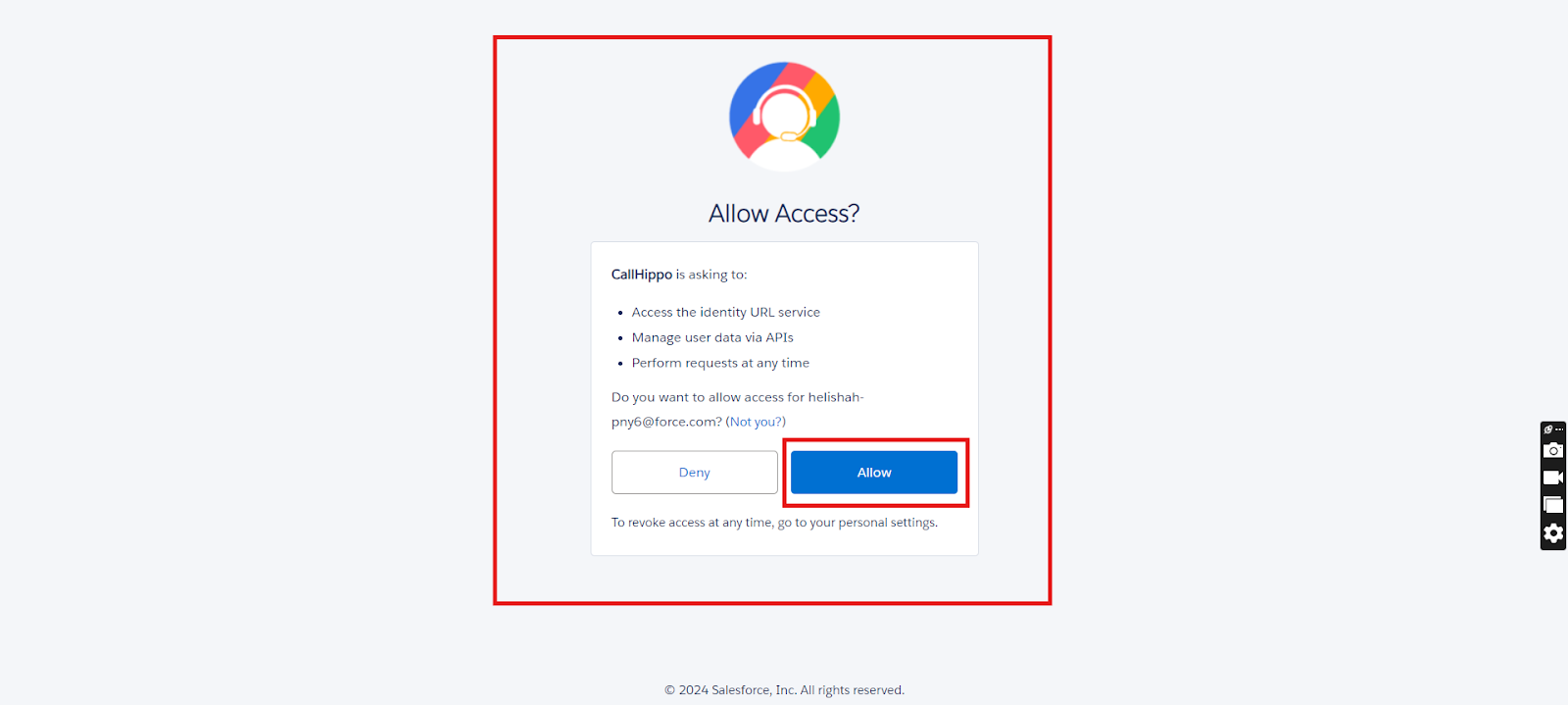 Salesforce Allow Access prompt for CallHippo with the Allow button highlighted