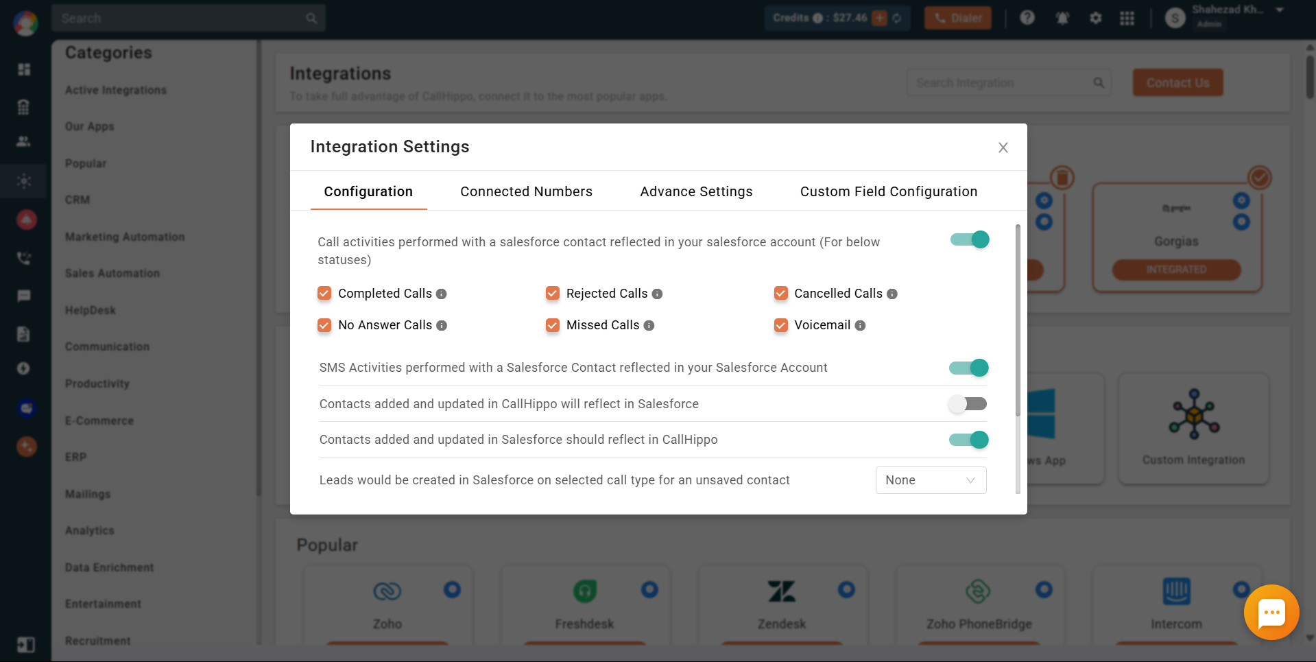 CallHippo Salesforce Integration Settings Configuration tab with call activity statuses