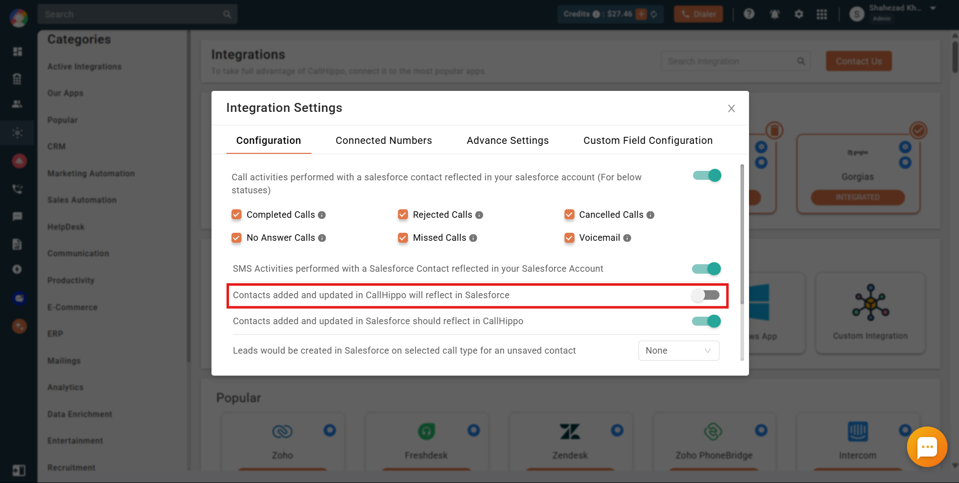 CallHippo configuration toggle for contacts added in CallHippo reflecting in Salesforce