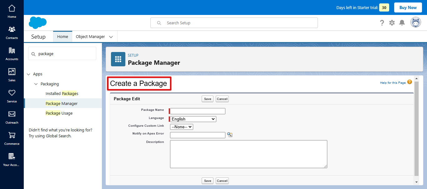 Salesforce Marketing Cloud Package Manager Create a Package screen