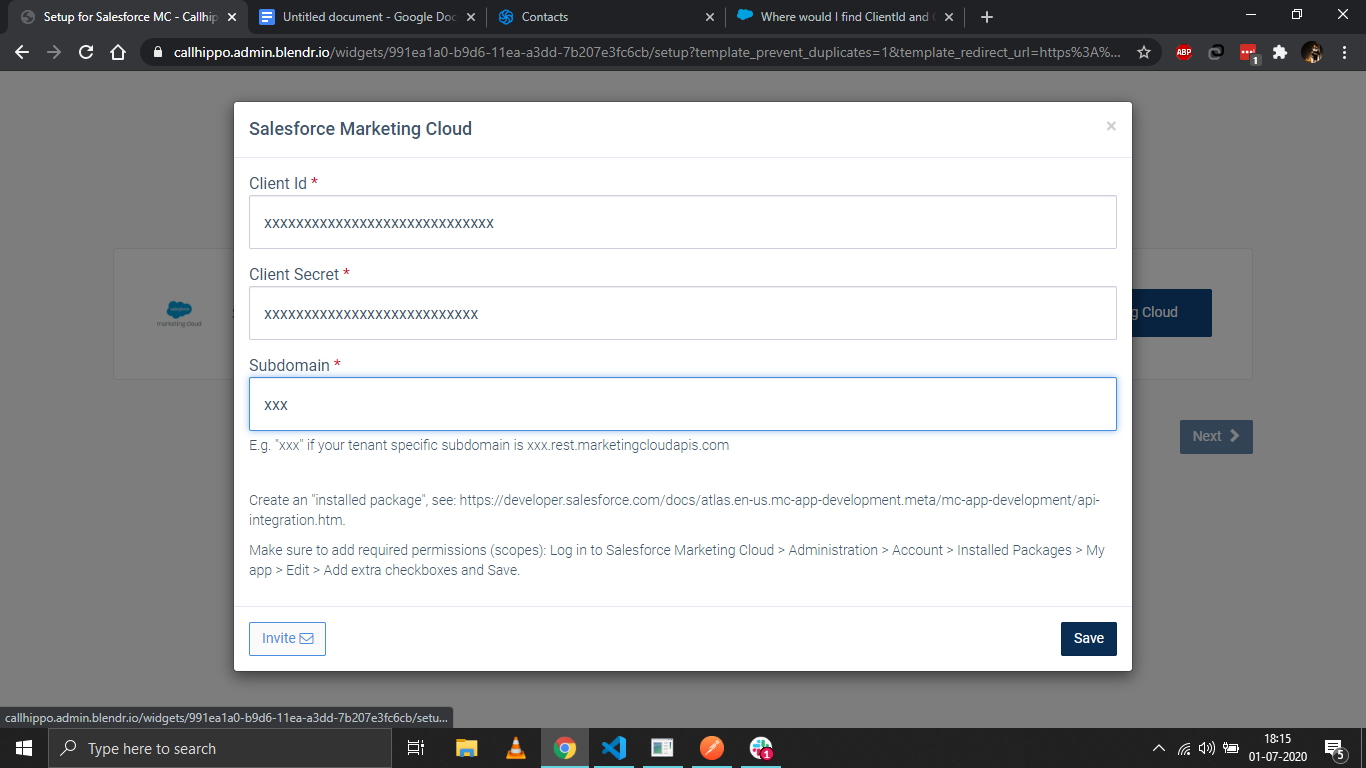 CallHippo Salesforce Marketing Cloud popup with Client Id, Client Secret and Subdomain fields