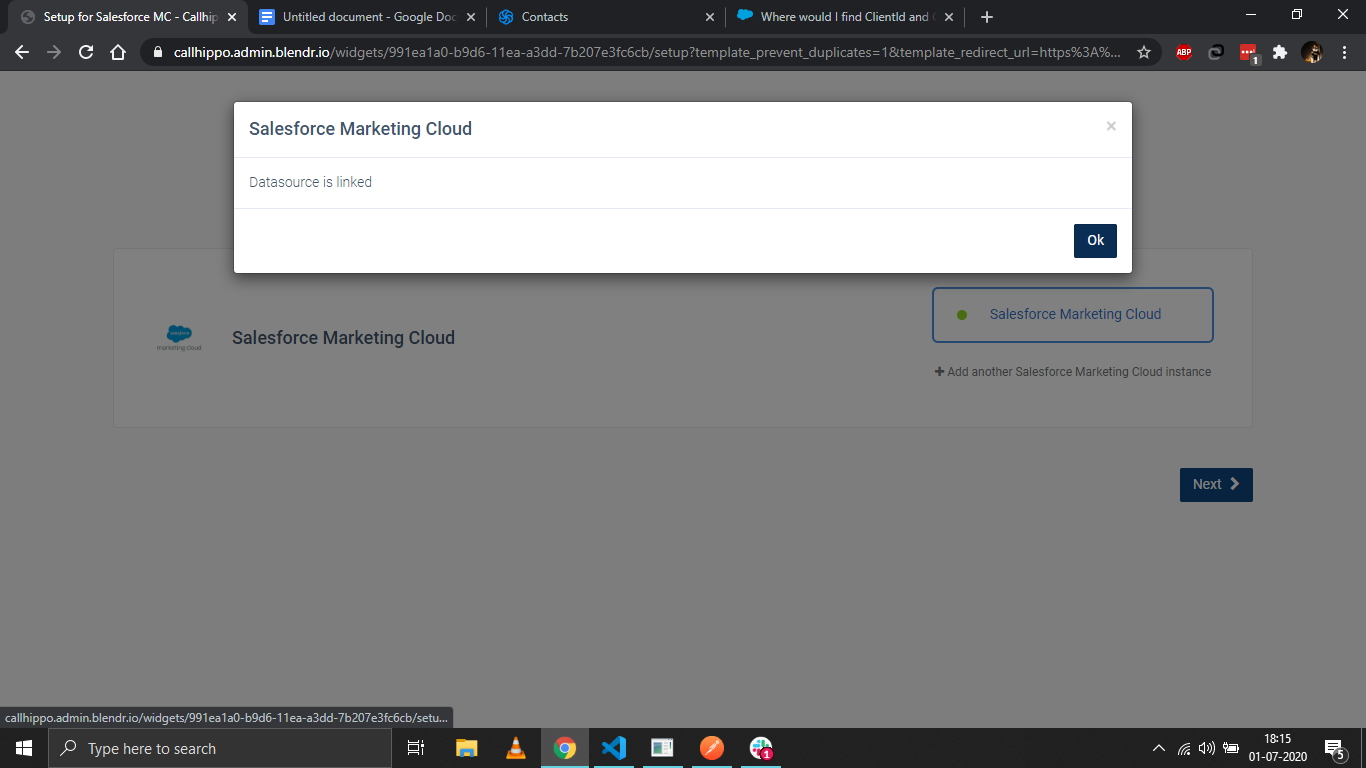 CallHippo confirmation that the Salesforce Marketing Cloud datasource is linked
