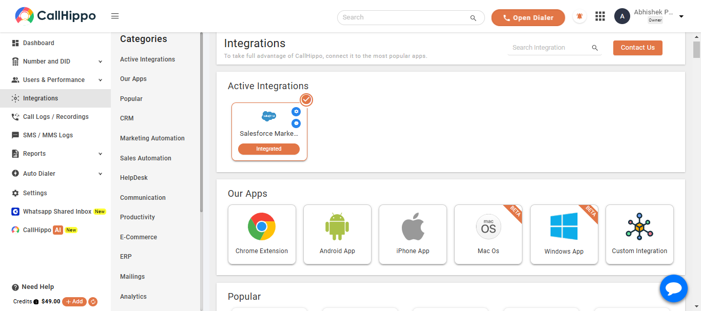 CallHippo Active Integrations showing Salesforce Marketing Cloud marked as Integrated