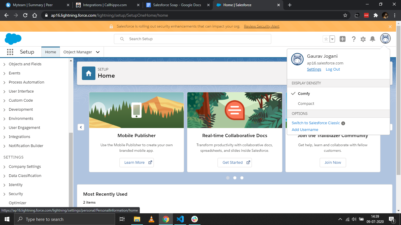 Salesforce Setup home with the profile dropdown open showing the Settings link